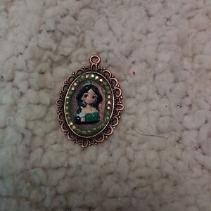 Hand Crafted Green and Gold Enamel Portrait Pendant Necklace
